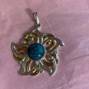 Silvertone & Goldtone Ornate Pendant with Turquoise Stone